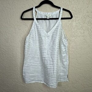 St Tropez Linen Tank Top Womens M White Silver Striped Shimmer Beach Coastal